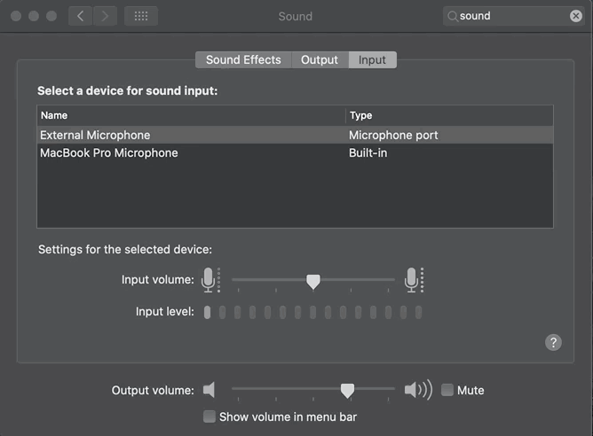 gif of sound input window in system preferences on a Mac with input level moving