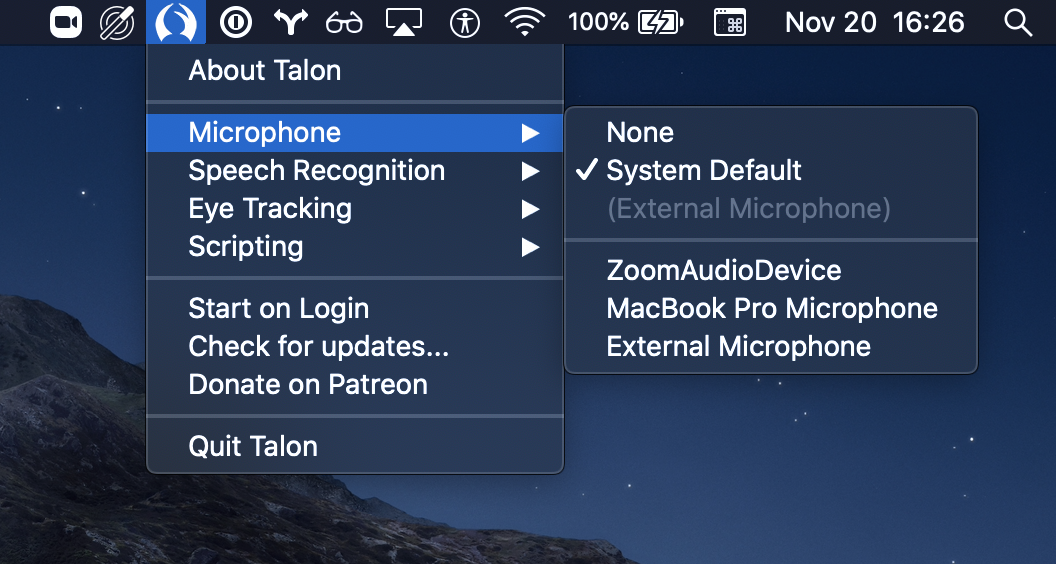 screenshot of the desktop on a mac showing the talon microphone menu